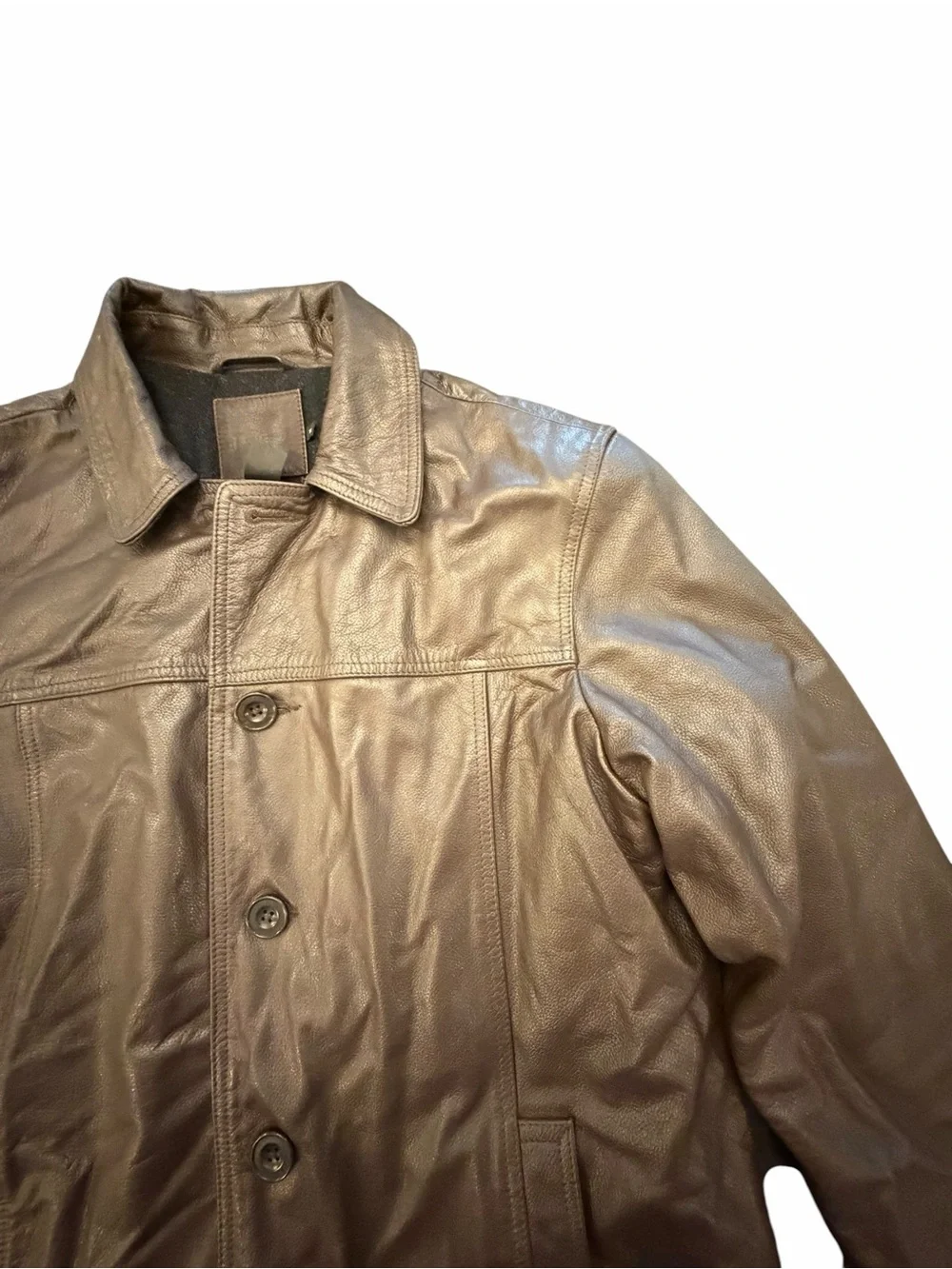 Vintage J Crew Leather Bomber Jacket Mens Medium Brown Wool Lined Button Up